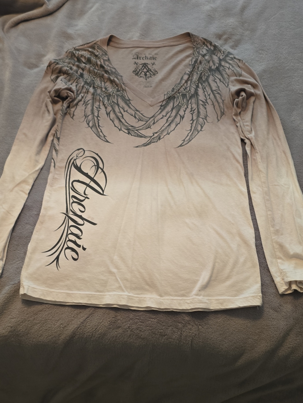 Archaic Gray-cream Long-Sleeve V-Neck Top with Feather Graphic
